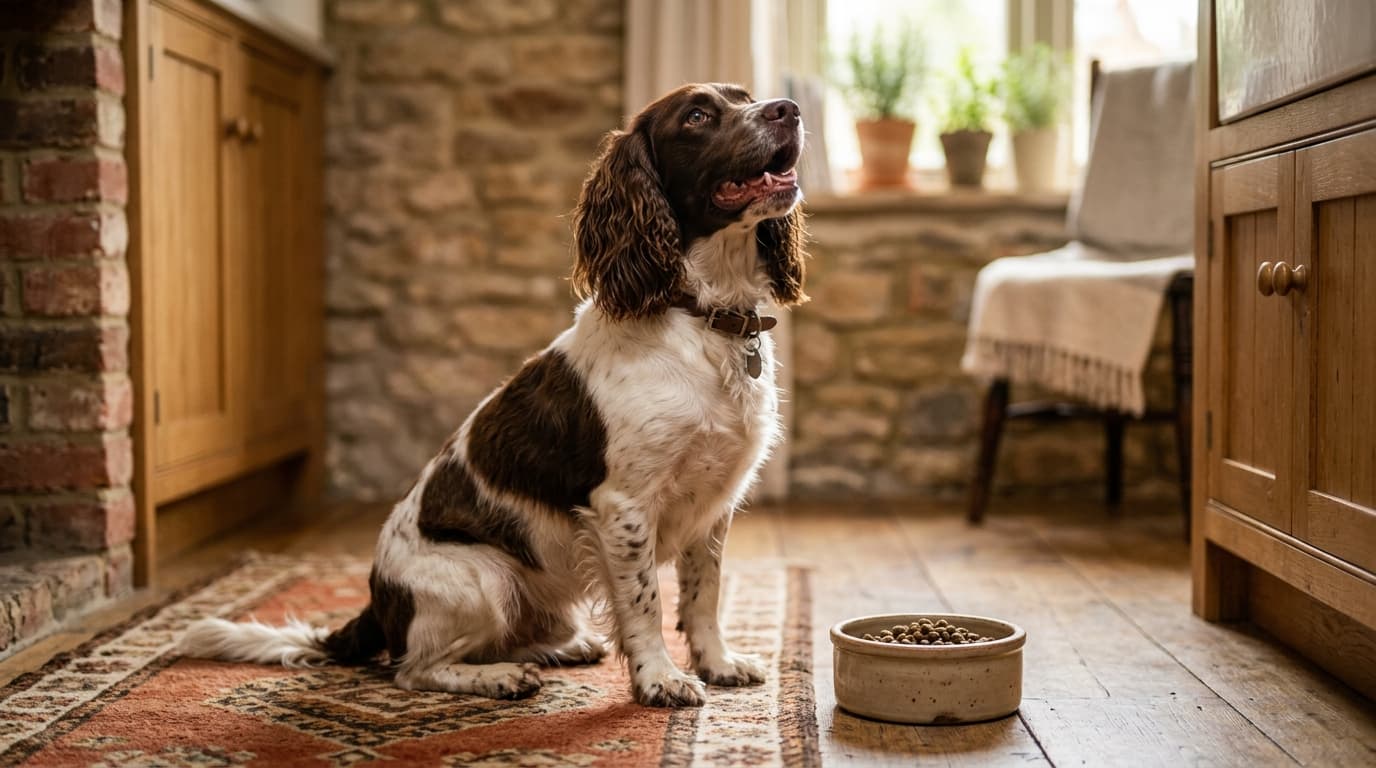 English Springer Spaniel wearing recommended dog gear, demonstrating proper harness or collar fit for the breed