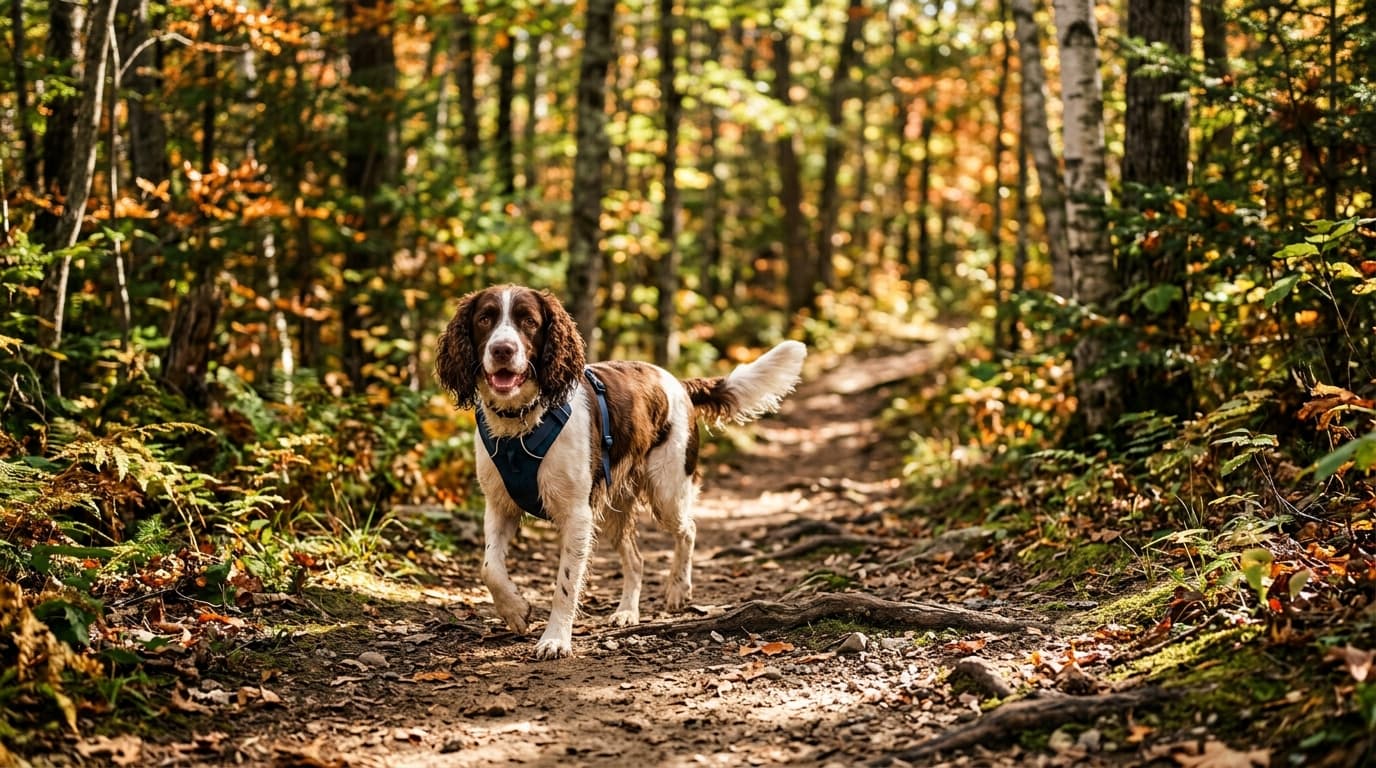 English Springer Spaniel in a natural outdoor lifestyle setting, illustrating typical breed energy level and body shape