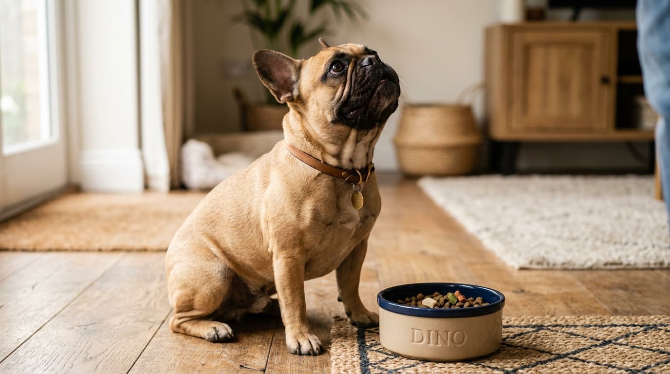 French Bulldog wearing recommended dog gear, demonstrating proper harness or collar fit for the breed