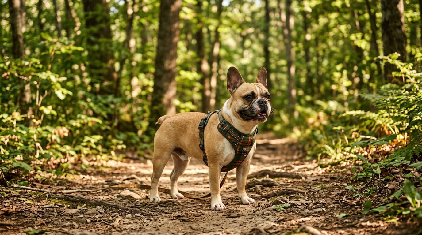 French Bulldog in a natural outdoor lifestyle setting, illustrating typical breed energy level and body shape