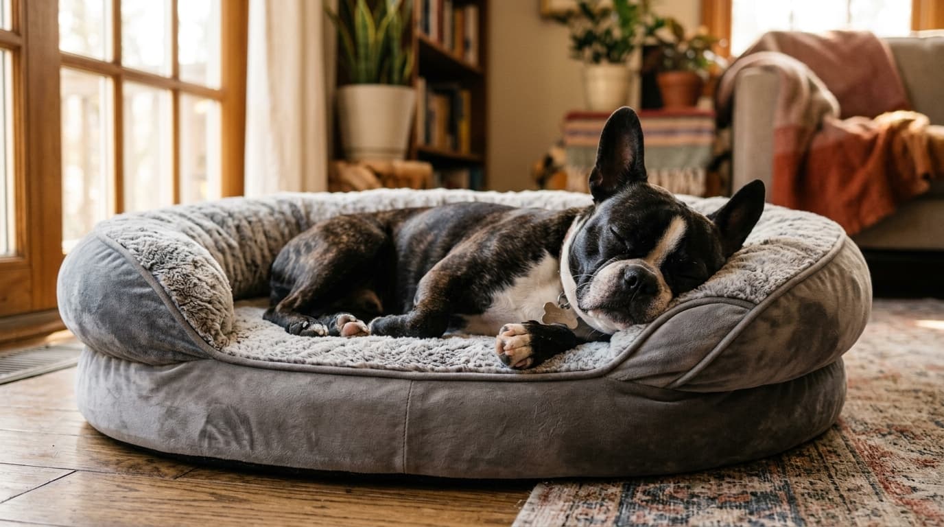 Frenchton wearing recommended dog gear, demonstrating proper harness or collar fit for the breed