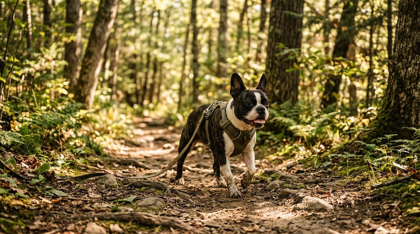 Frenchton in a natural outdoor lifestyle setting, illustrating typical breed energy level and body shape