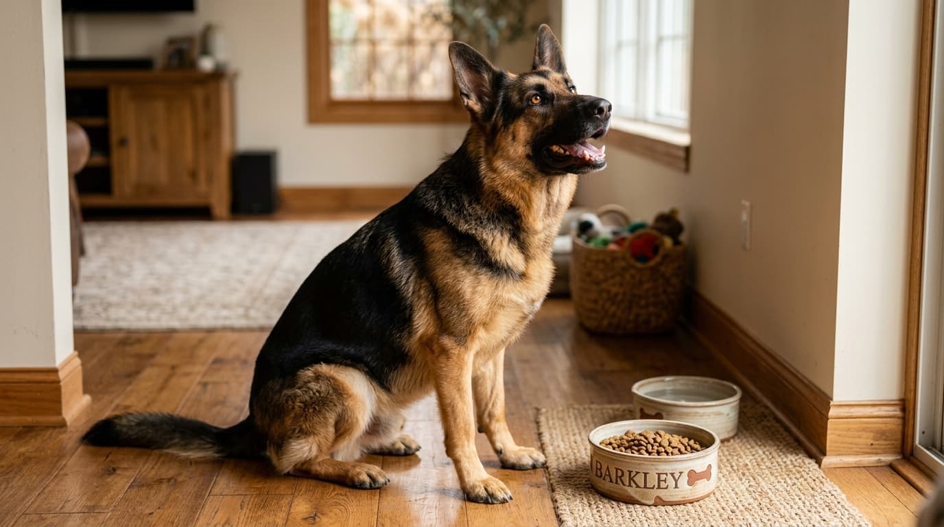 German Shepherd wearing recommended dog gear, demonstrating proper harness or collar fit for the breed
