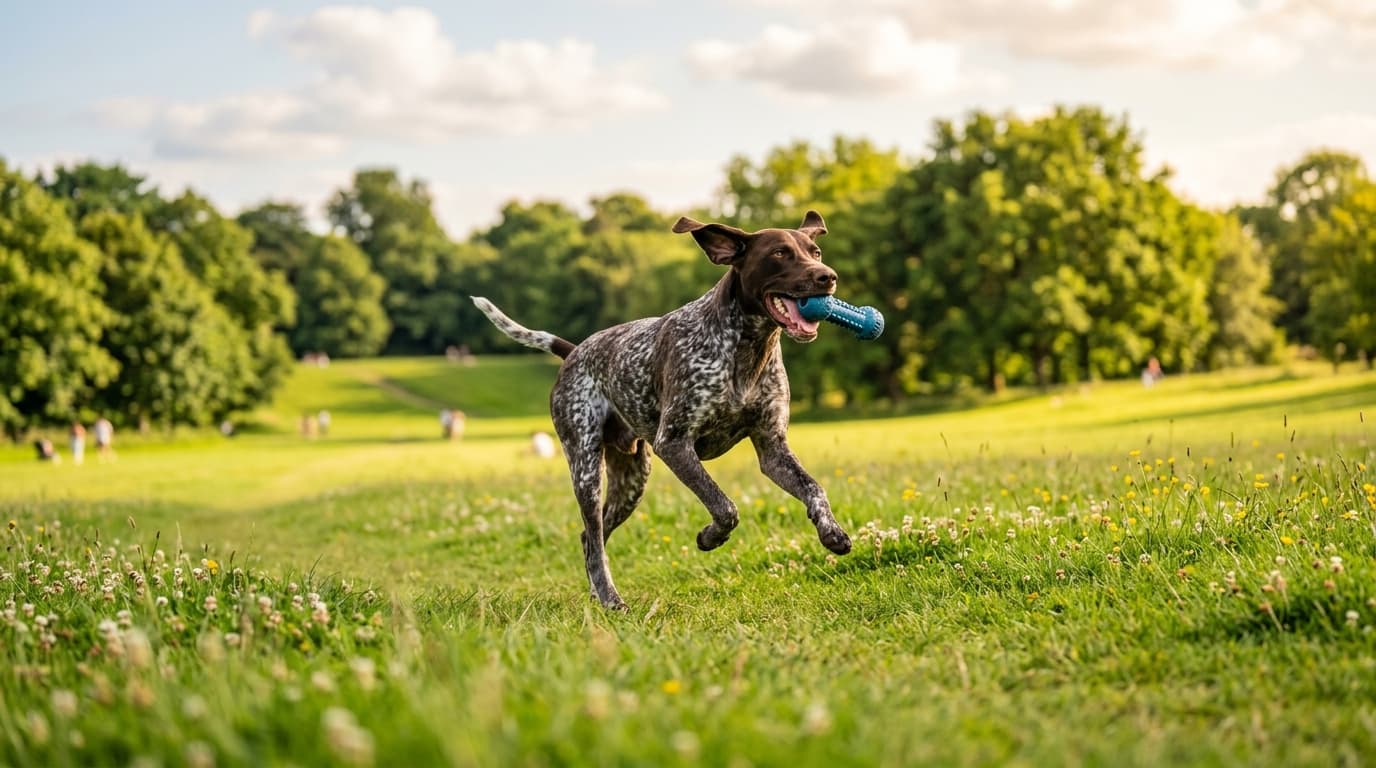 German Shorthaired Pointer in a natural outdoor lifestyle setting, illustrating typical breed energy level and body shape