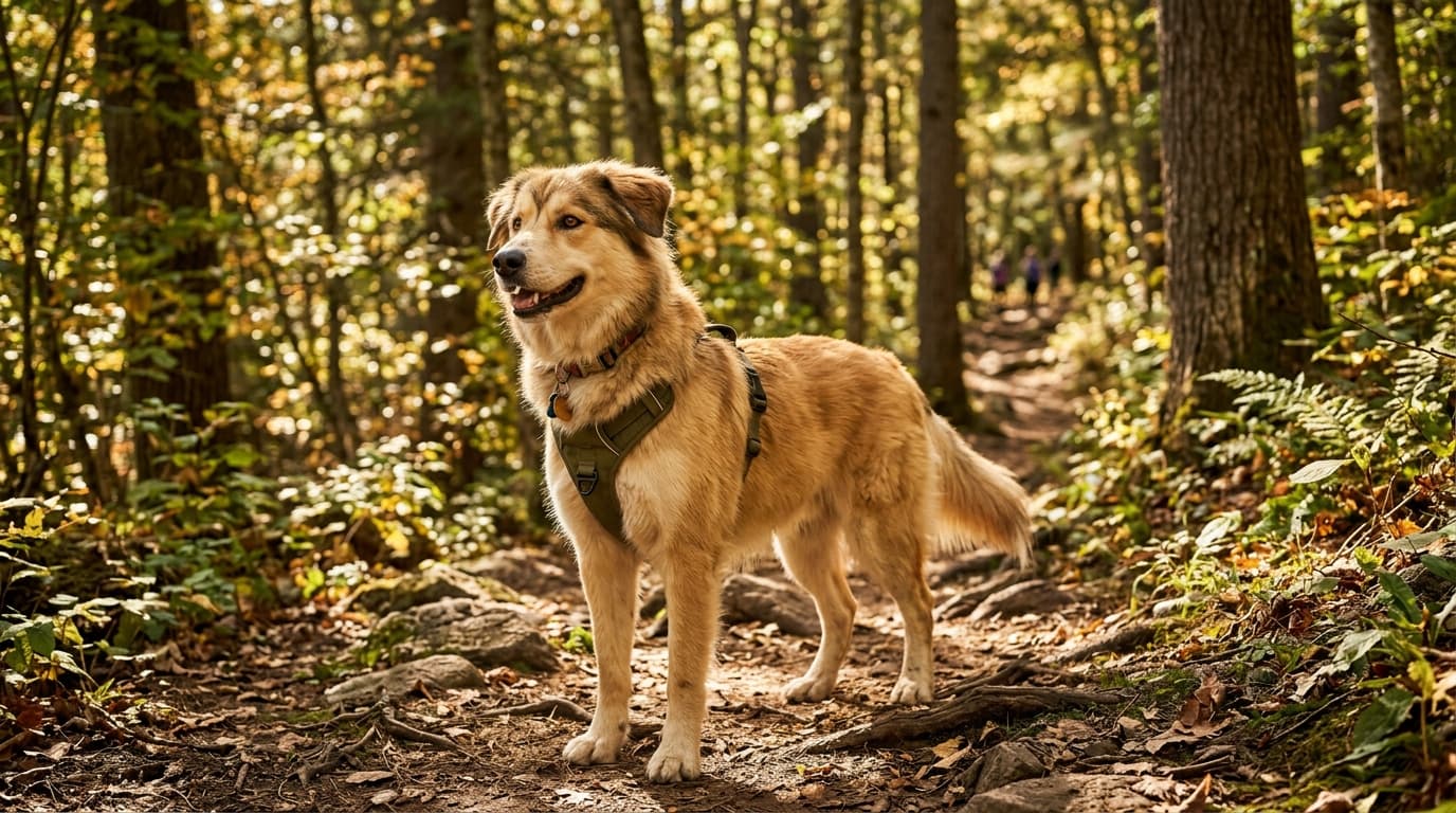 Goberian in a natural outdoor lifestyle setting, illustrating typical breed energy level and body shape