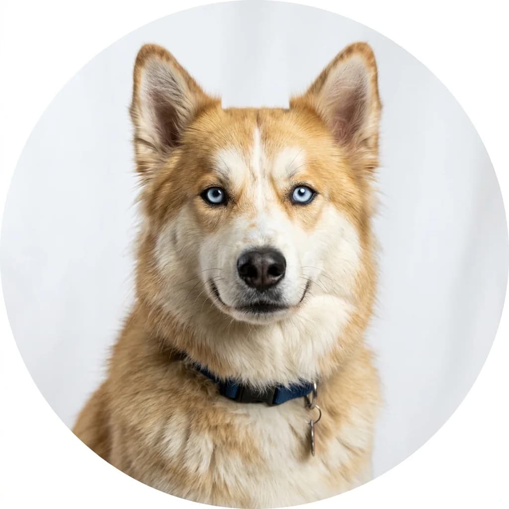 Goberian dog — studio head-and-shoulders portrait showing typical coat color and facial features