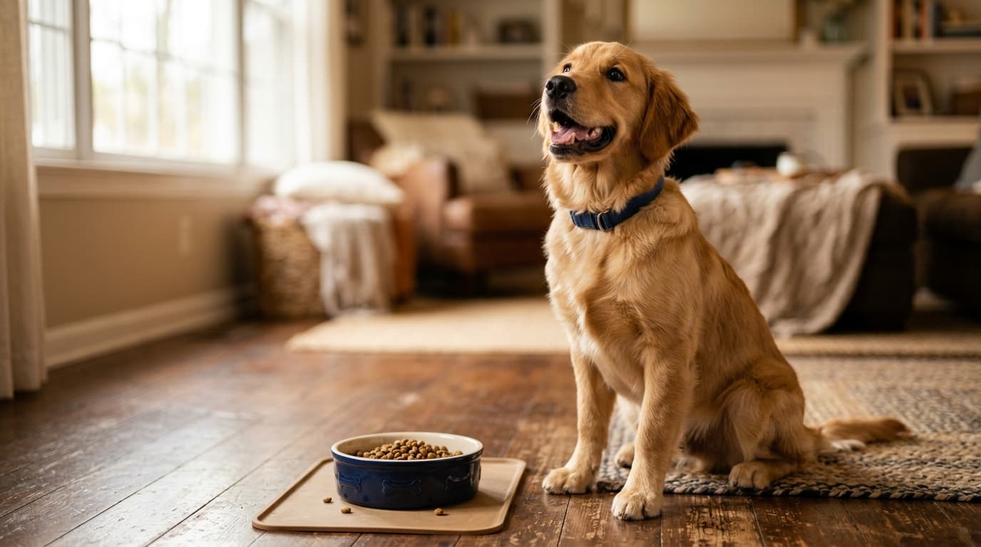 Golden Retriever wearing recommended dog gear, demonstrating proper harness or collar fit for the breed
