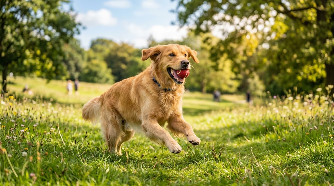 Golden Retriever in a natural outdoor lifestyle setting, illustrating typical breed energy level and body shape