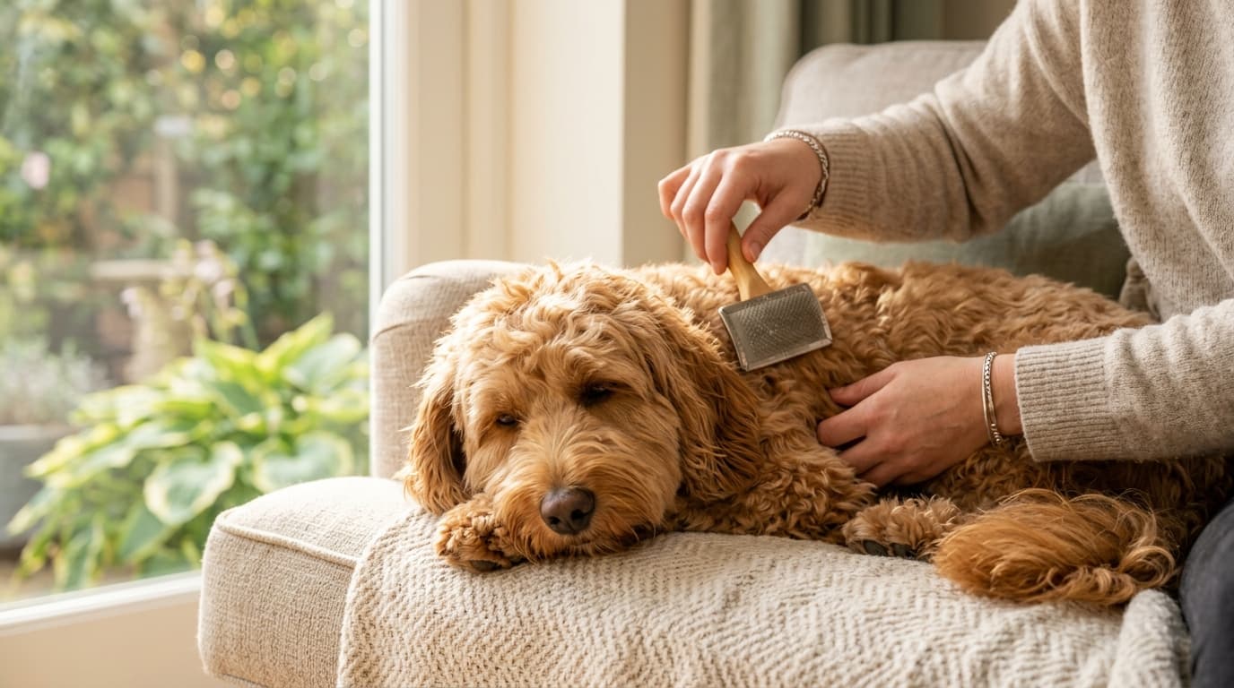 Goldendoodle wearing recommended dog gear, demonstrating proper harness or collar fit for the breed