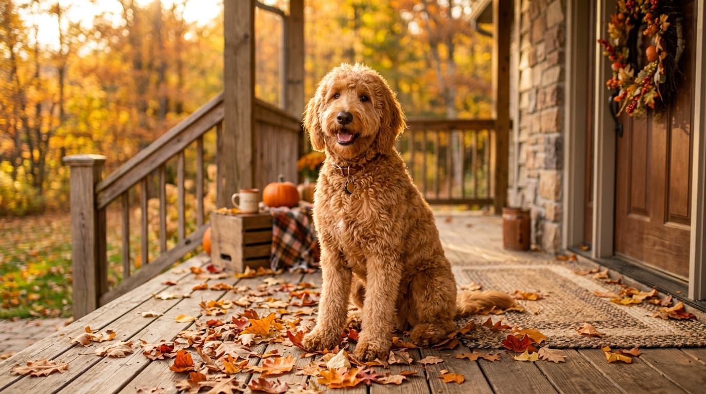 Goldendoodle in a natural outdoor lifestyle setting, illustrating typical breed energy level and body shape