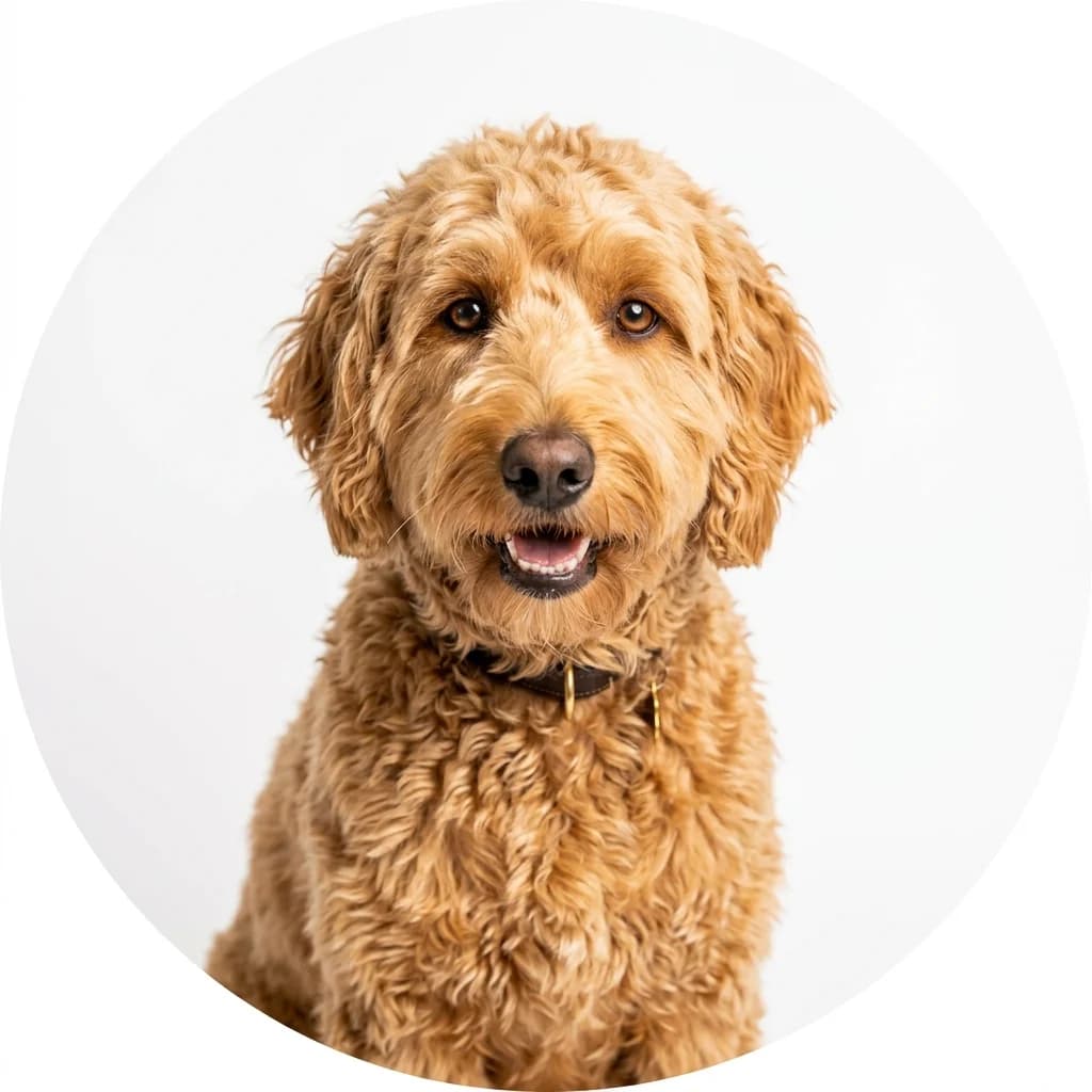 Goldendoodle dog — studio head-and-shoulders portrait showing typical coat color and facial features
