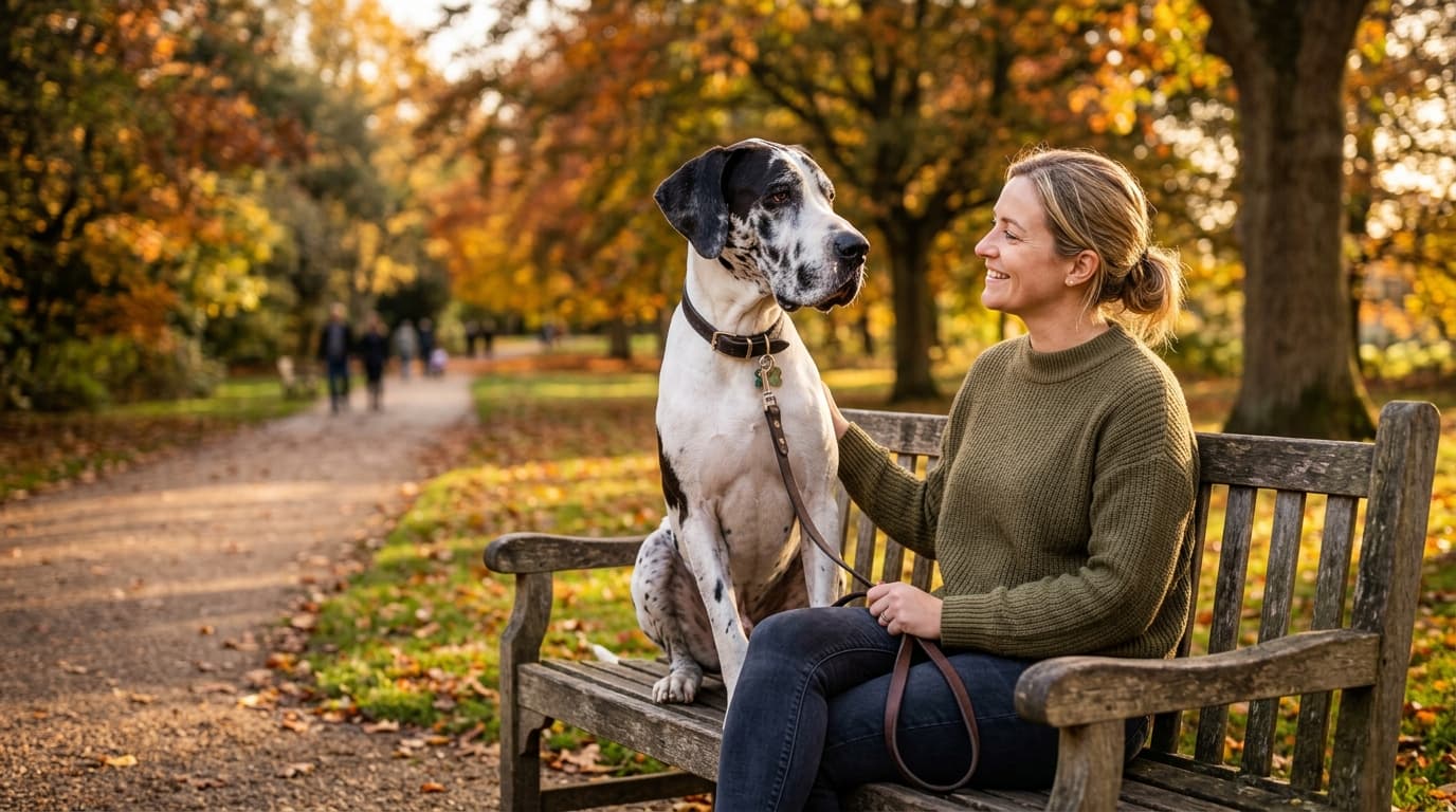 Great Dane in a natural outdoor lifestyle setting, illustrating typical breed energy level and body shape