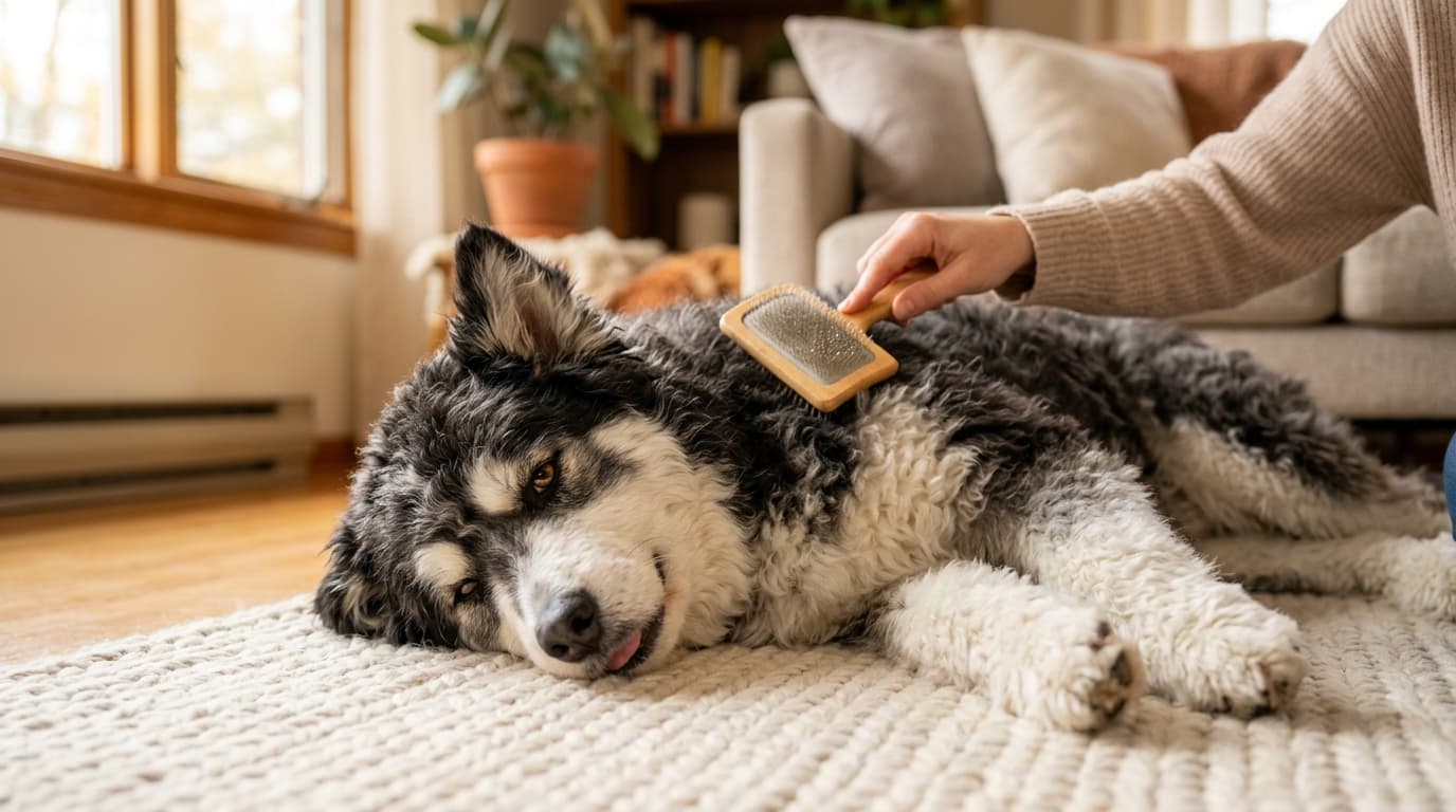 Huskydoodle wearing recommended dog gear, demonstrating proper harness or collar fit for the breed