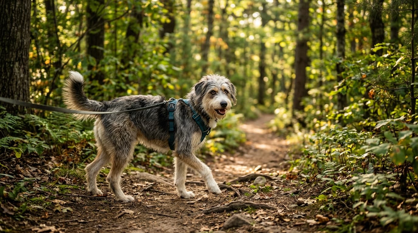 Huskydoodle in a natural outdoor lifestyle setting, illustrating typical breed energy level and body shape