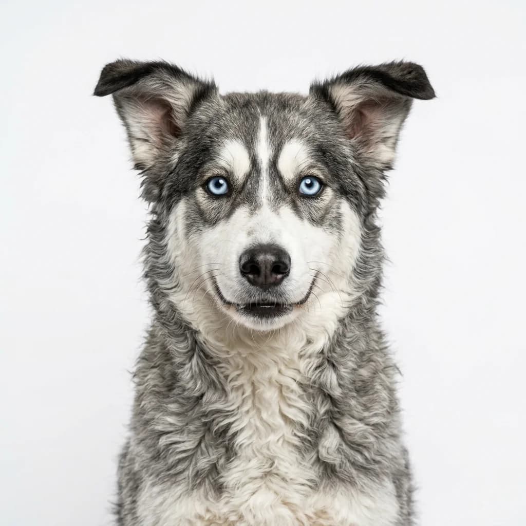 Huskydoodle dog — studio head-and-shoulders portrait showing typical coat color and facial features