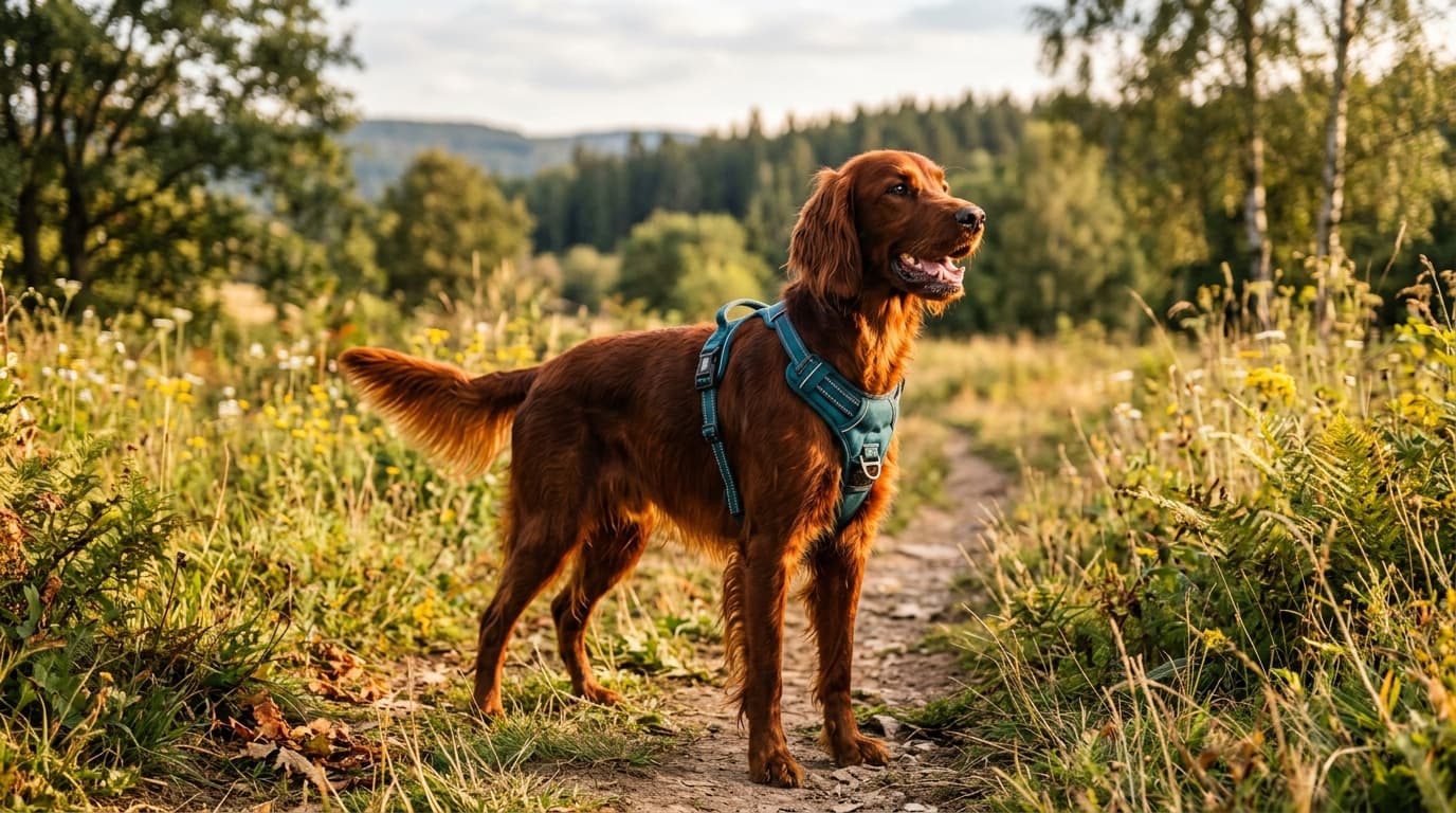 Irish Setter wearing recommended dog gear, demonstrating proper harness or collar fit for the breed