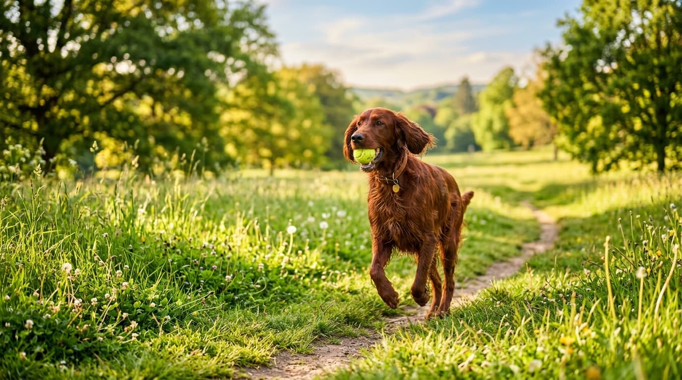 Irish Setter in a natural outdoor lifestyle setting, illustrating typical breed energy level and body shape