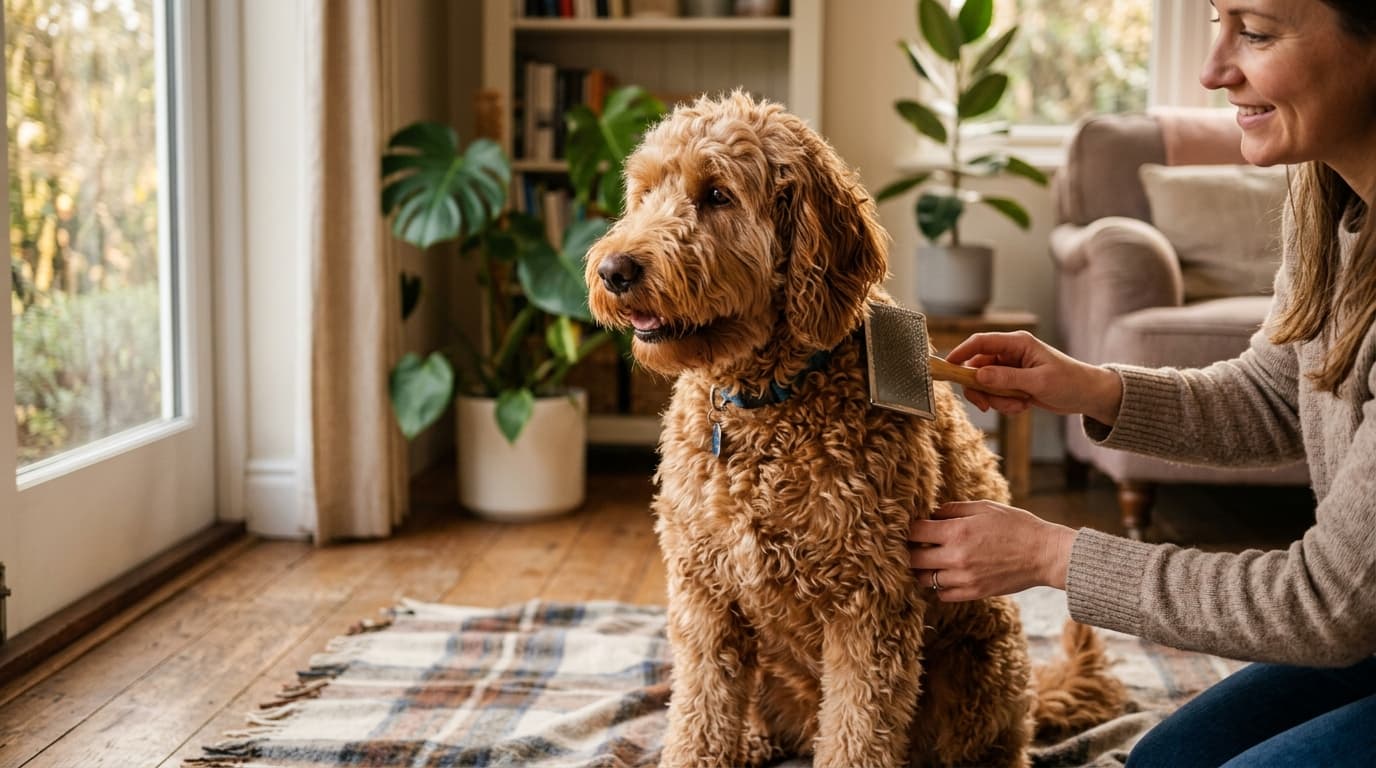 Labradoodle wearing recommended dog gear, demonstrating proper harness or collar fit for the breed