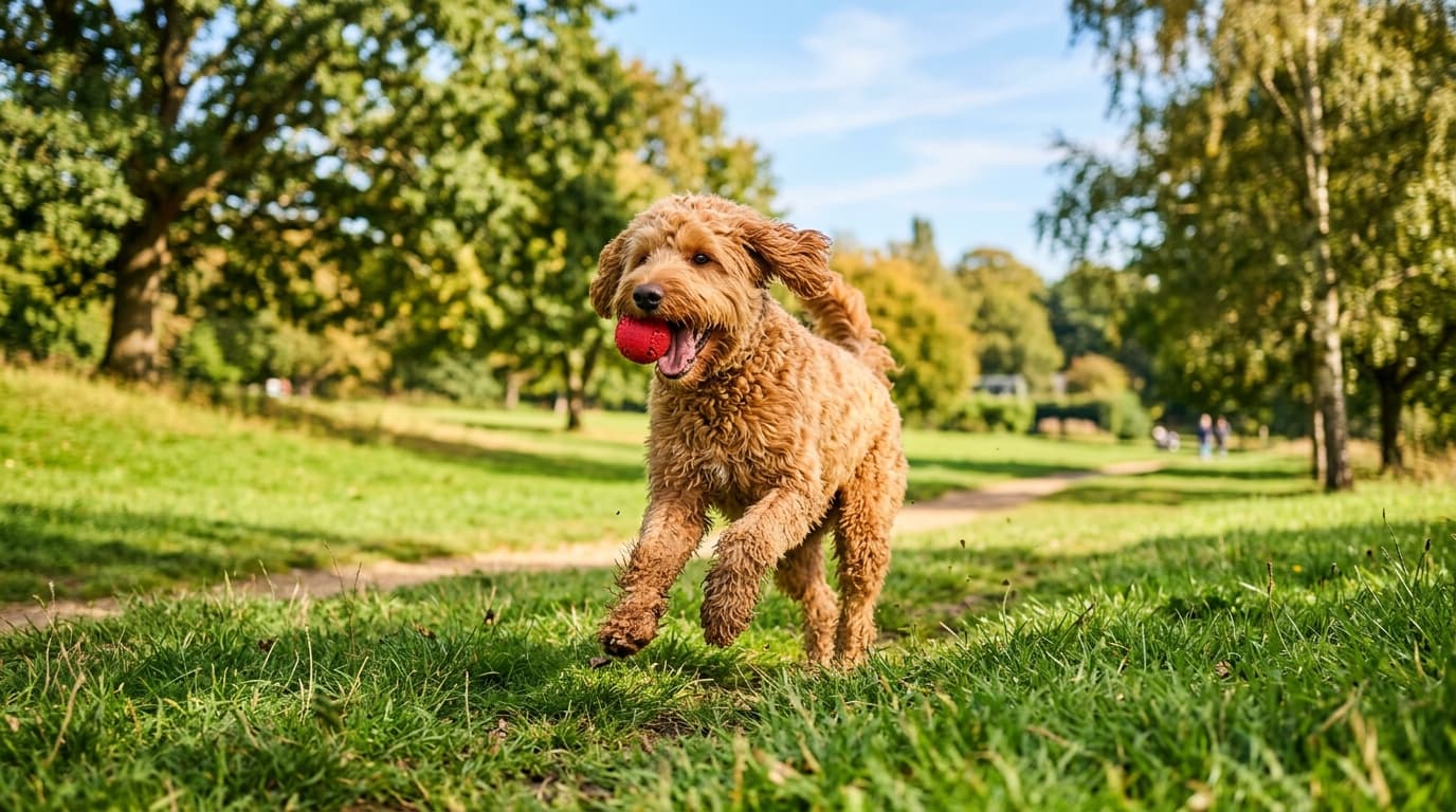 Labradoodle in a natural outdoor lifestyle setting, illustrating typical breed energy level and body shape
