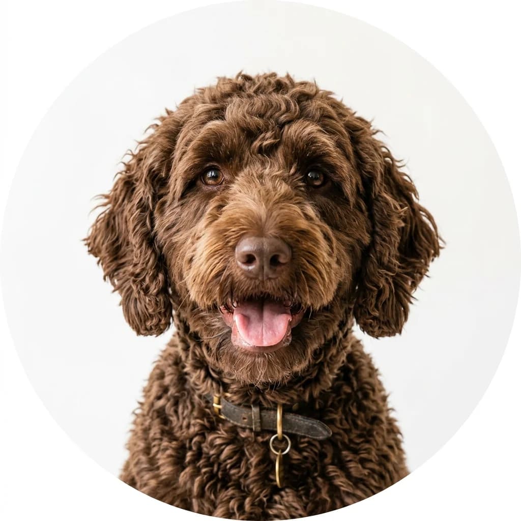 Labradoodle dog — studio head-and-shoulders portrait showing typical coat color and facial features
