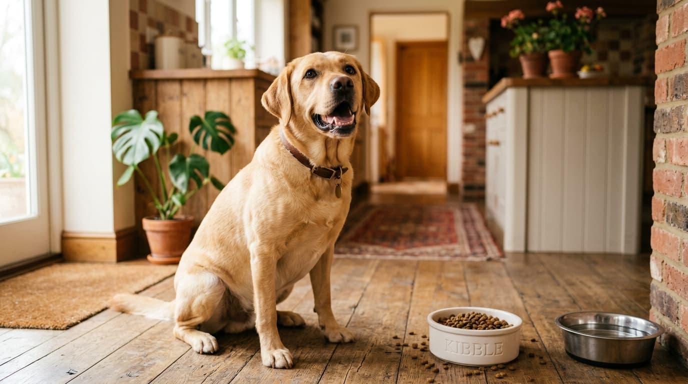 Labrador Retriever wearing recommended dog gear, demonstrating proper harness or collar fit for the breed