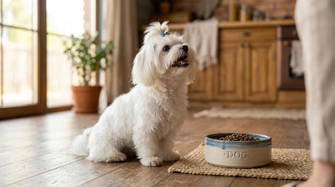 Maltese wearing recommended dog gear, demonstrating proper harness or collar fit for the breed