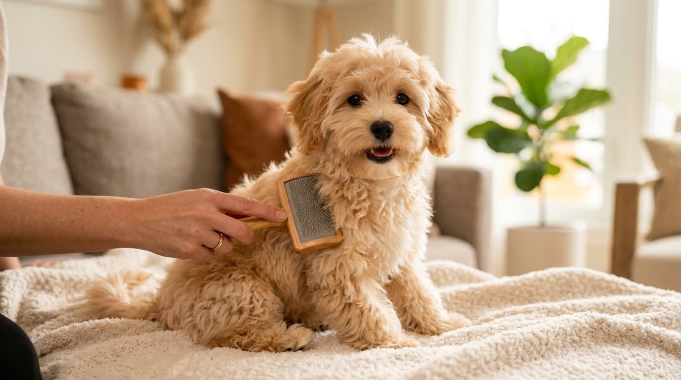 Maltipoo wearing recommended dog gear, demonstrating proper harness or collar fit for the breed