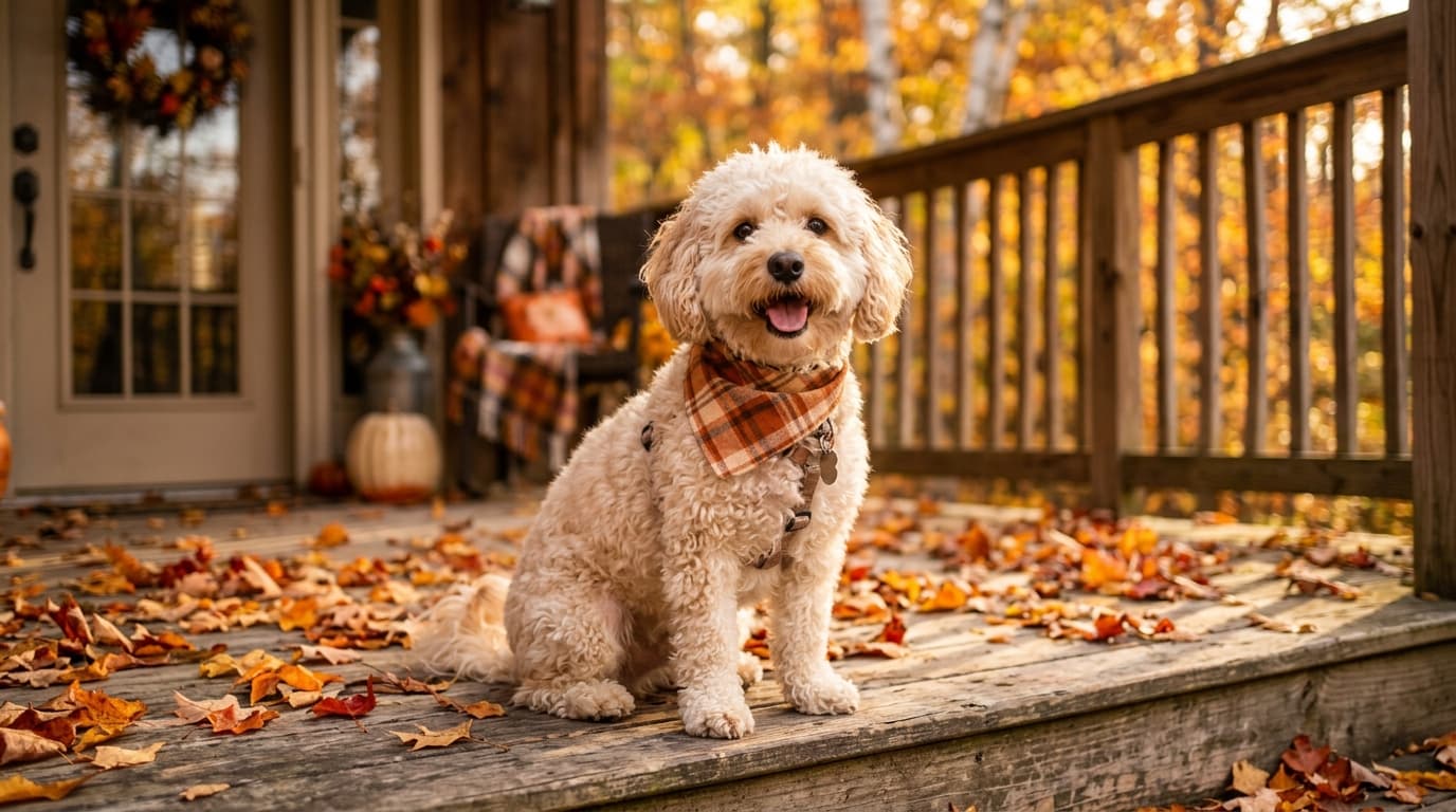 Maltipoo in a natural outdoor lifestyle setting, illustrating typical breed energy level and body shape