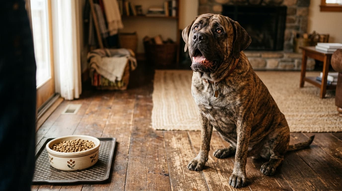 Mastiff wearing recommended dog gear, demonstrating proper harness or collar fit for the breed