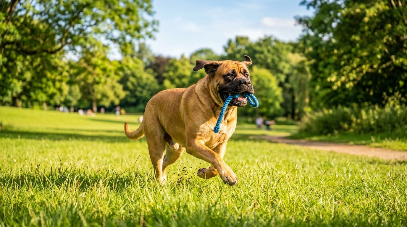 Mastiff in a natural outdoor lifestyle setting, illustrating typical breed energy level and body shape