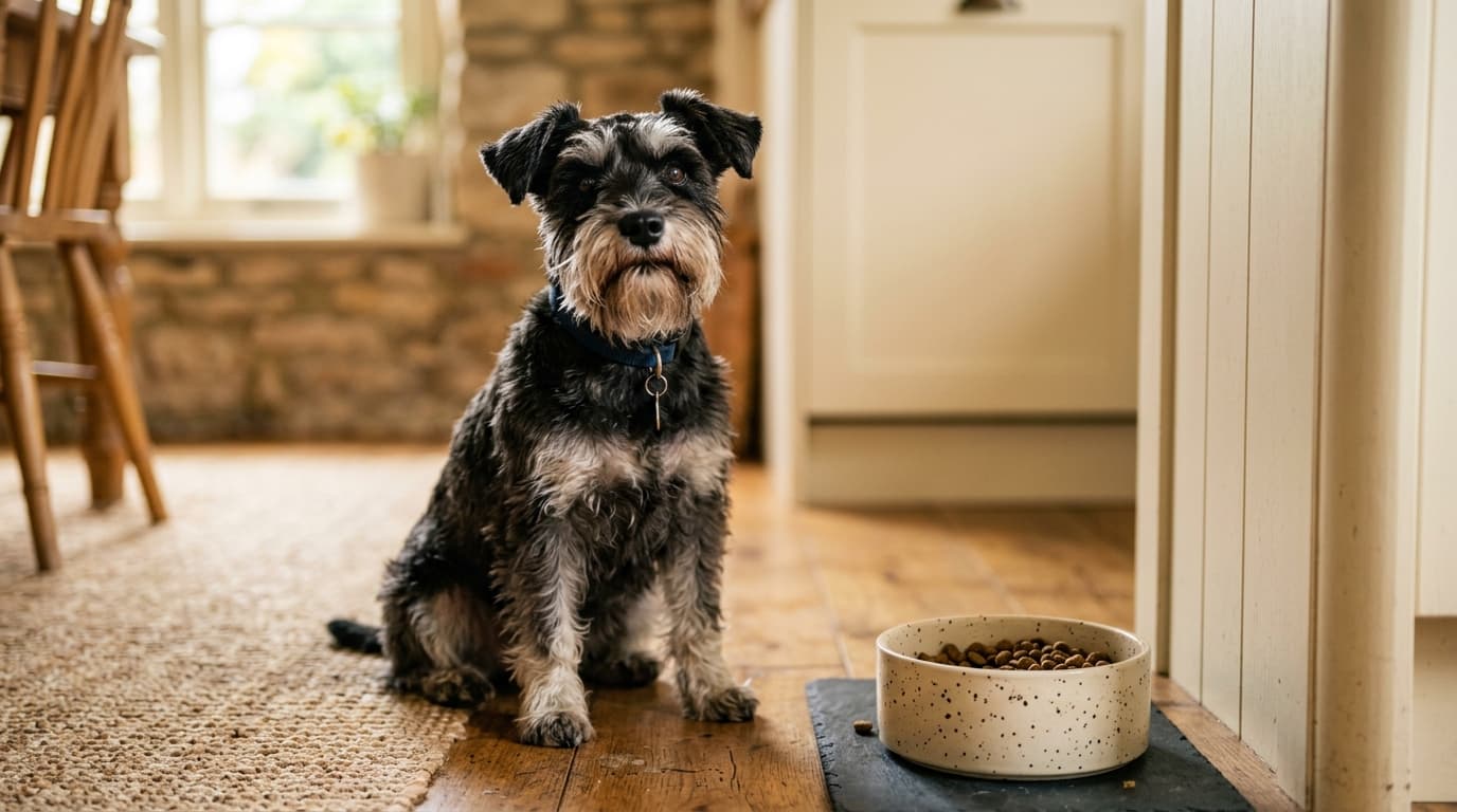Miniature Schnauzer wearing recommended dog gear, demonstrating proper harness or collar fit for the breed