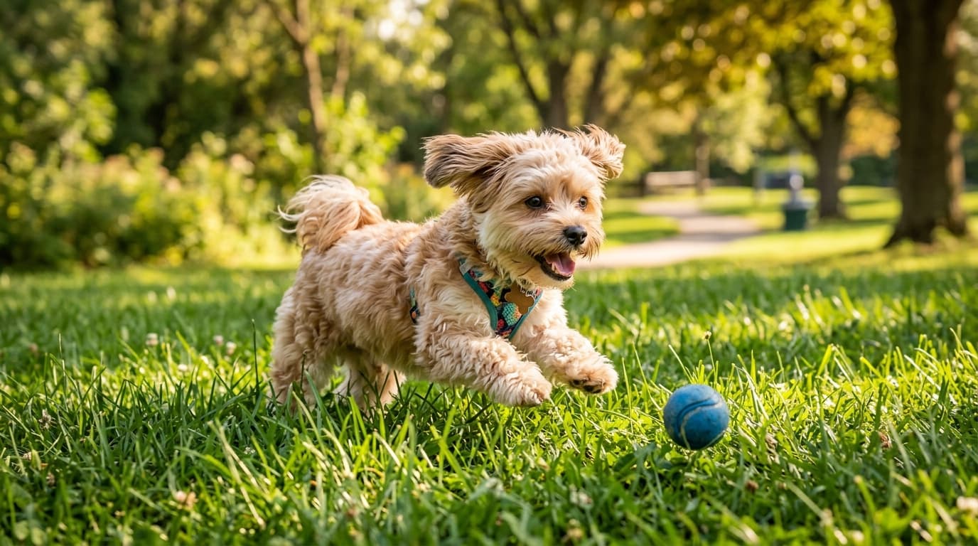 Morkie in a natural outdoor lifestyle setting, illustrating typical breed energy level and body shape