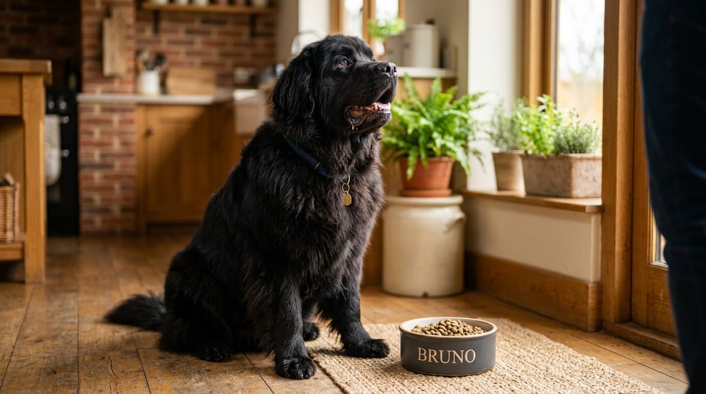Newfoundland wearing recommended dog gear, demonstrating proper harness or collar fit for the breed