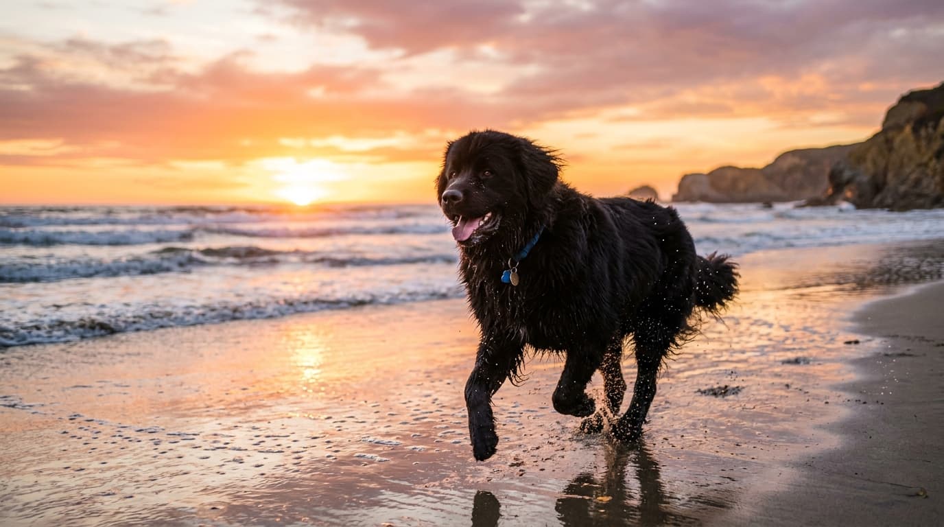 Newfoundland in a natural outdoor lifestyle setting, illustrating typical breed energy level and body shape