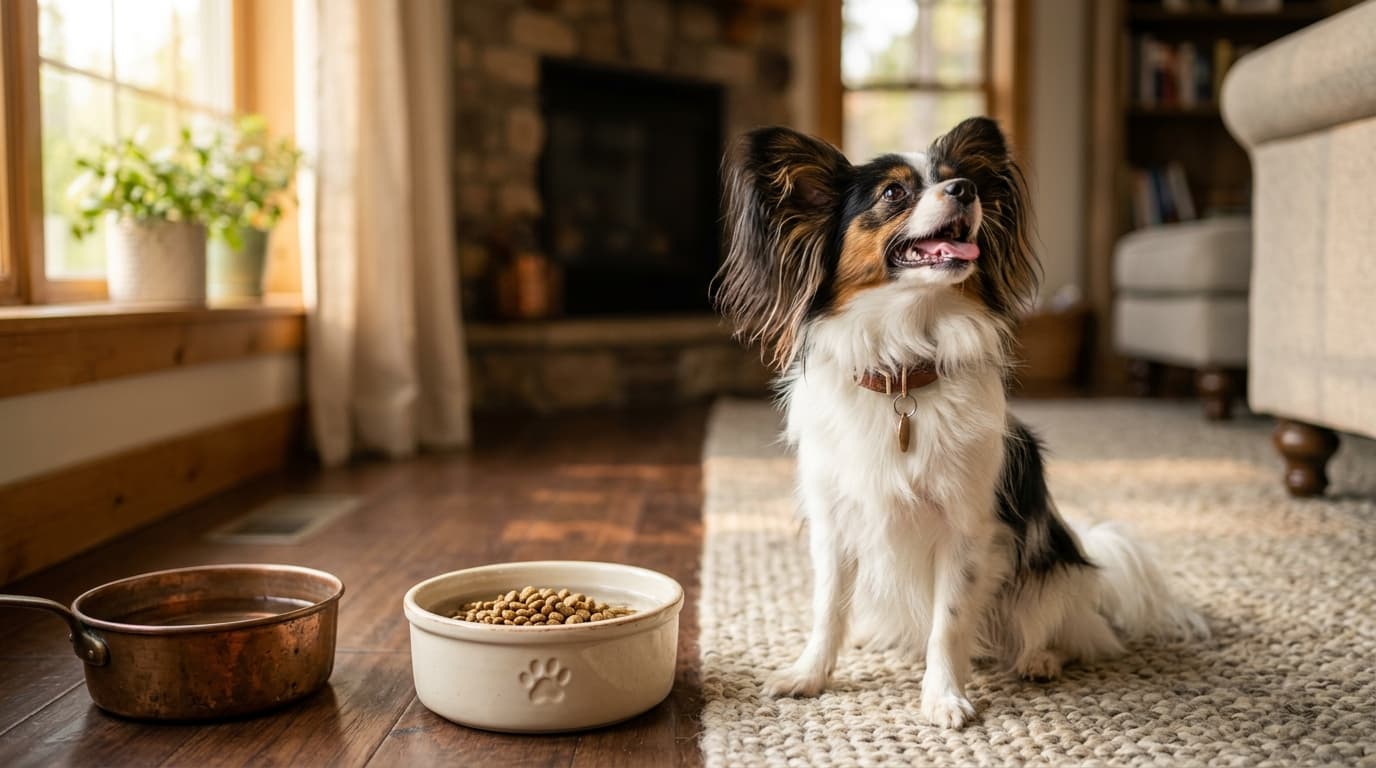 Papillon wearing recommended dog gear, demonstrating proper harness or collar fit for the breed