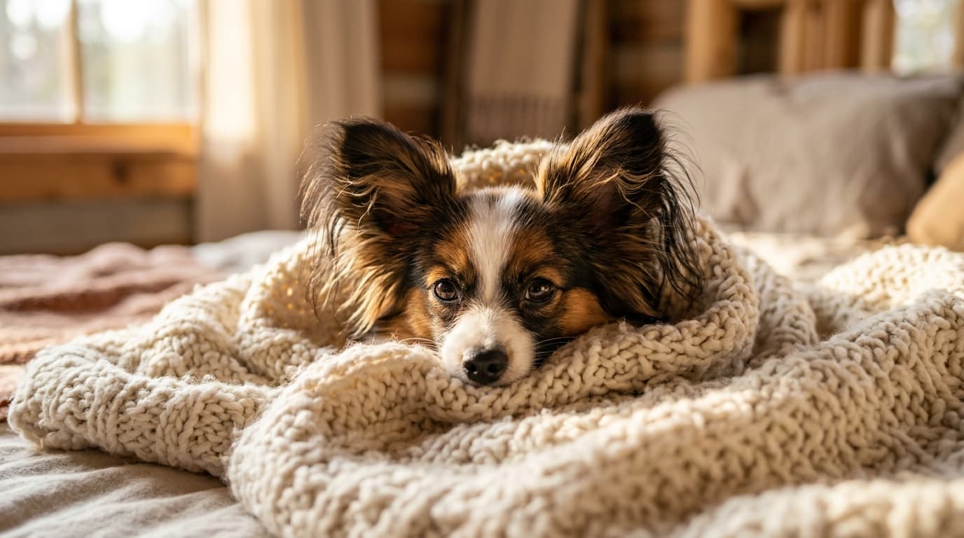 Papillon in a natural outdoor lifestyle setting, illustrating typical breed energy level and body shape