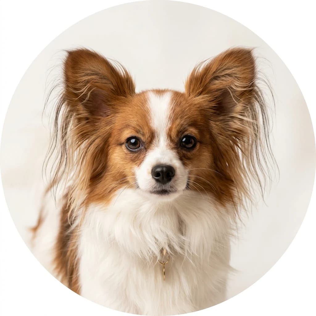 Papillon dog — studio head-and-shoulders portrait showing typical coat color and facial features