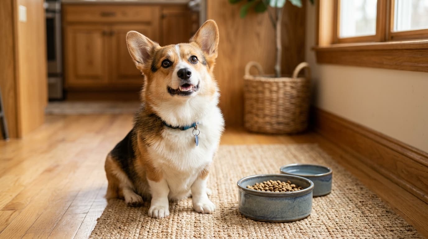 Pembroke Welsh Corgi wearing recommended dog gear, demonstrating proper harness or collar fit for the breed