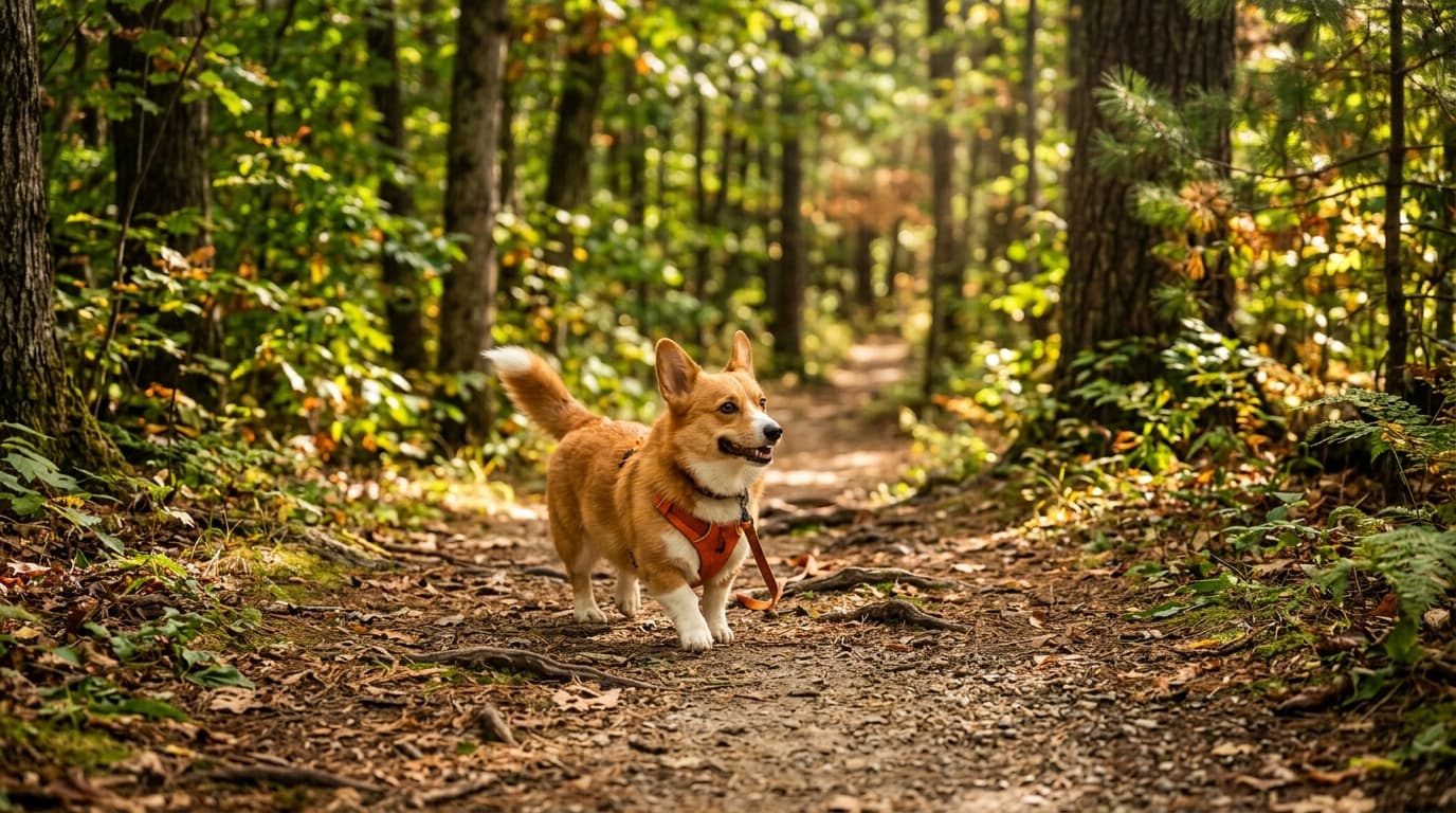 Pembroke Welsh Corgi in a natural outdoor lifestyle setting, illustrating typical breed energy level and body shape