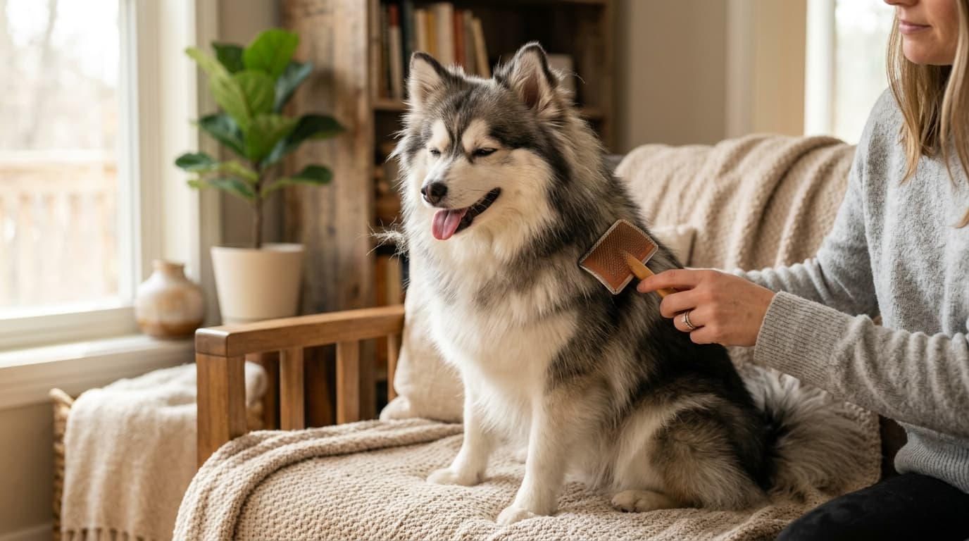 Pomsky wearing recommended dog gear, demonstrating proper harness or collar fit for the breed