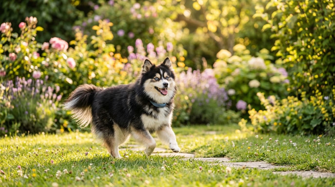 Pomsky in a natural outdoor lifestyle setting, illustrating typical breed energy level and body shape