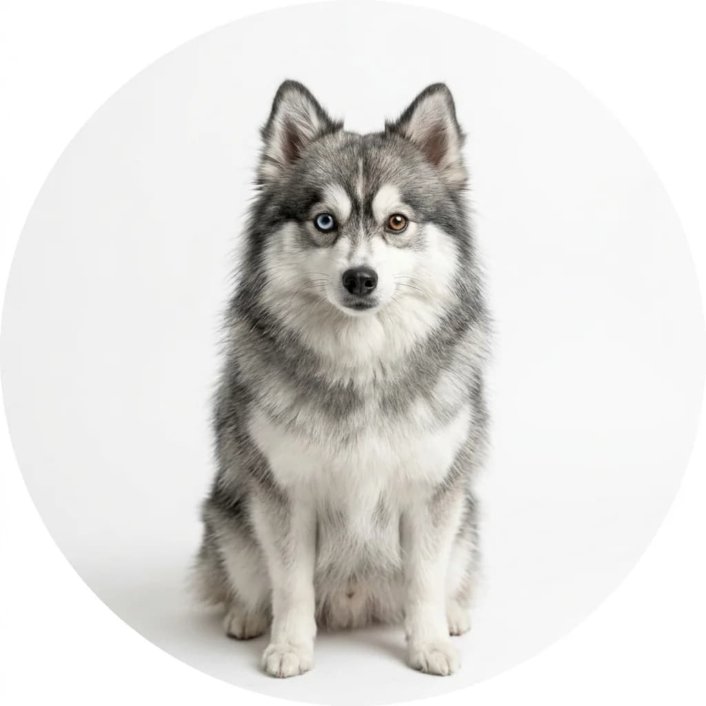 Pomsky dog — studio head-and-shoulders portrait showing typical coat color and facial features