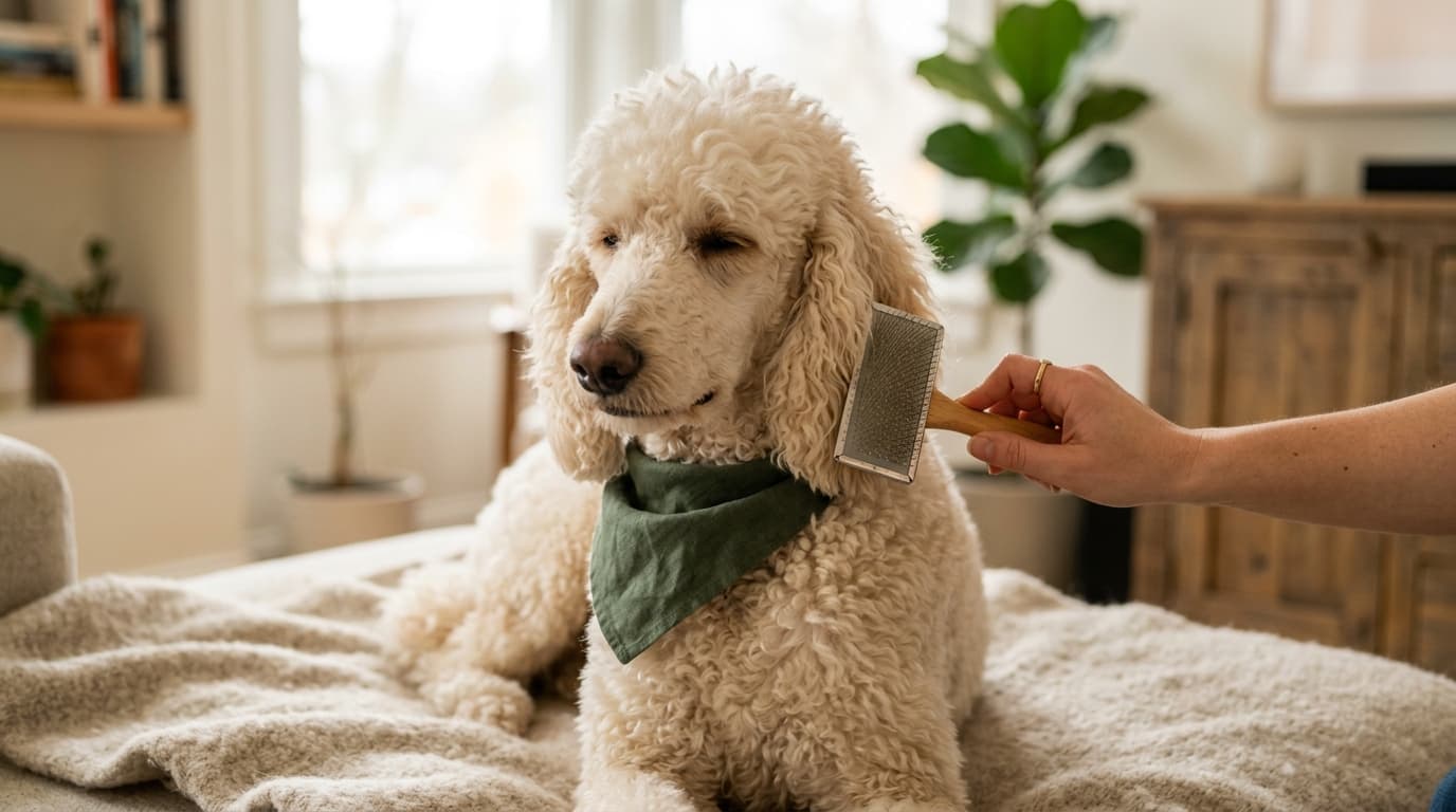 Poodle wearing recommended dog gear, demonstrating proper harness or collar fit for the breed