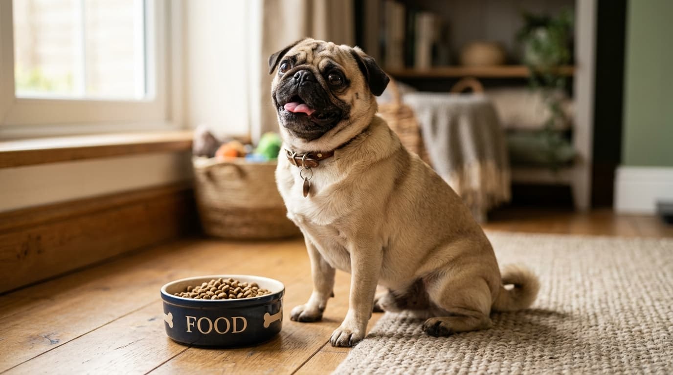 Pug wearing recommended dog gear, demonstrating proper harness or collar fit for the breed
