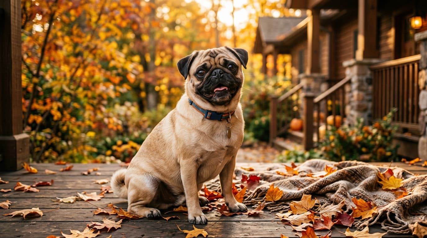 Pug in a natural outdoor lifestyle setting, illustrating typical breed energy level and body shape