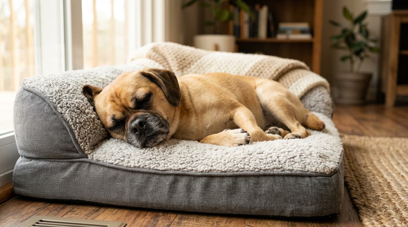 Puggle wearing recommended dog gear, demonstrating proper harness or collar fit for the breed