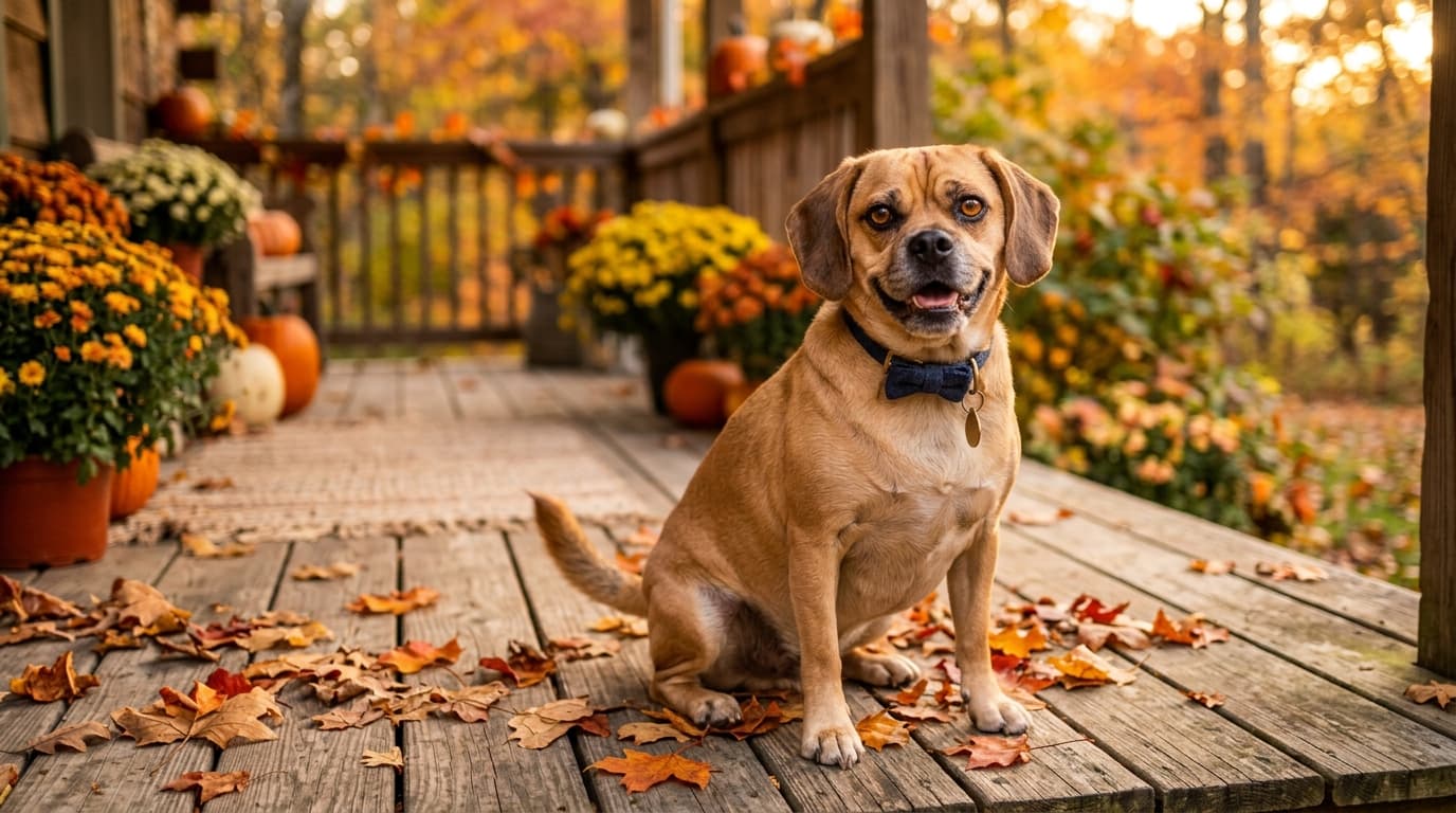 Puggle in a natural outdoor lifestyle setting, illustrating typical breed energy level and body shape