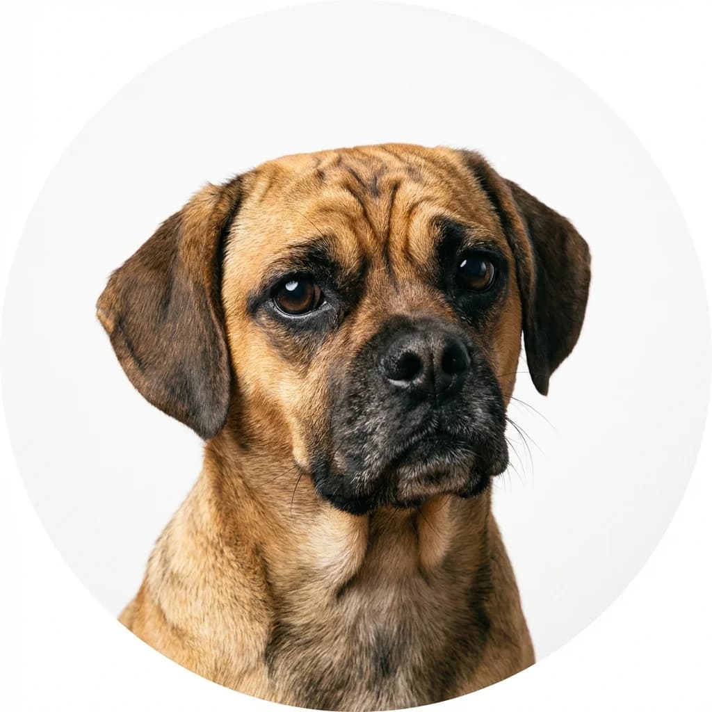 Puggle dog — studio head-and-shoulders portrait showing typical coat color and facial features