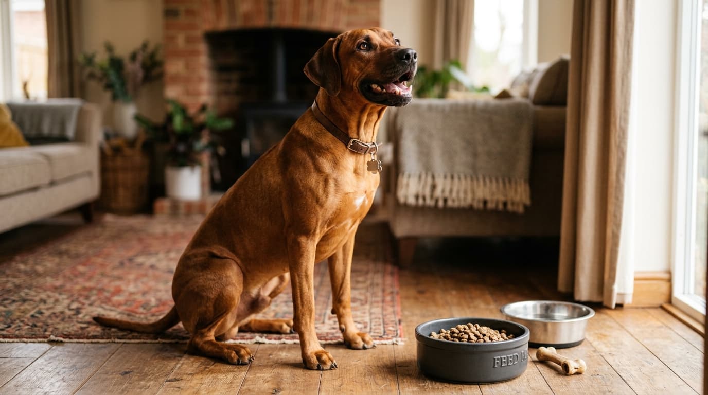 Rhodesian Ridgeback wearing recommended dog gear, demonstrating proper harness or collar fit for the breed