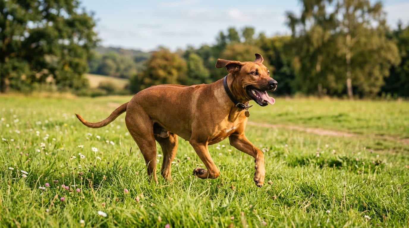 Rhodesian Ridgeback in a natural outdoor lifestyle setting, illustrating typical breed energy level and body shape